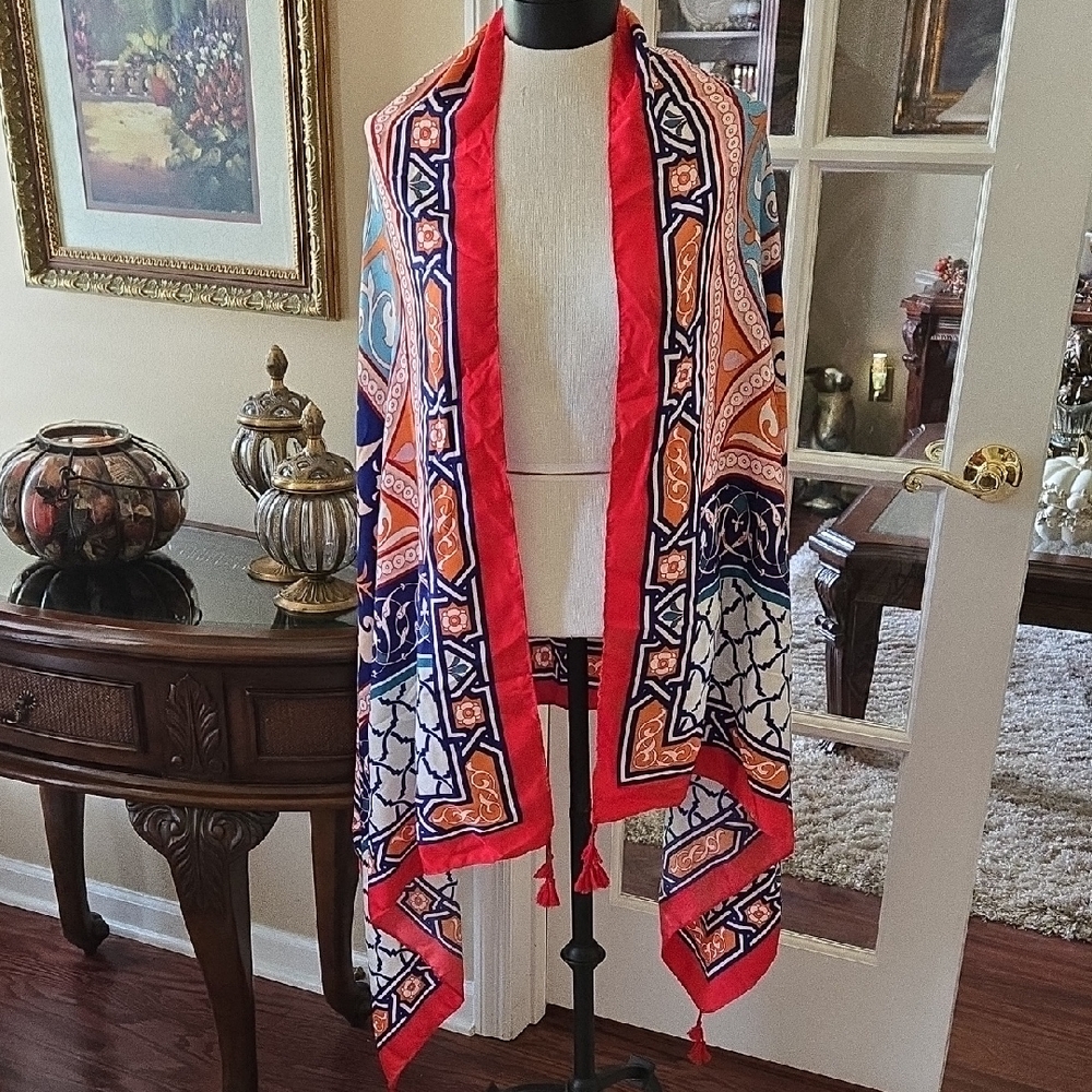 Colorful Geometric Patterned Rectangular Scarf Tassels 32"x72" Red Pink Blue EUC